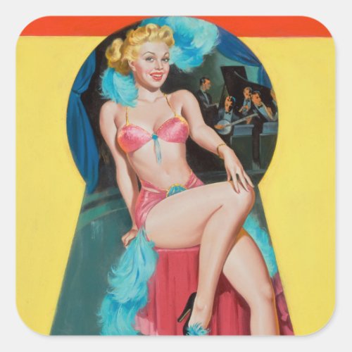 Sitting in the Keyhole Pin Up Art Square Sticker