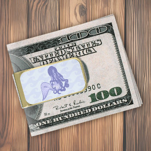 Sitting Mermaid Blue Gold Finish Money Clip