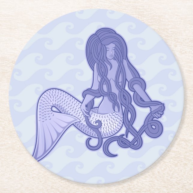 Sitting Mermaid Blue Round Paper Coaster (Front)