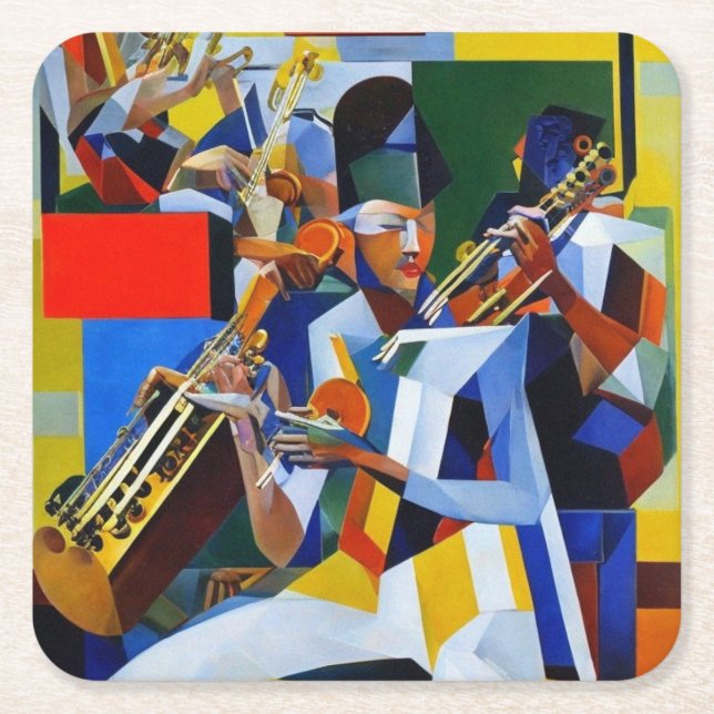 Sitting Musicians Square Paper Coaster (Front)