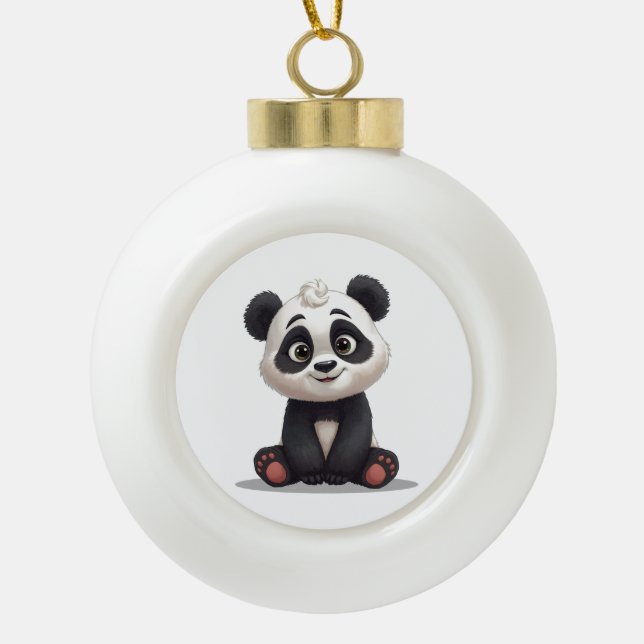 Sitting Panda Bear Cartoon Illustration Artwork Ceramic Ball Christmas Ornament (Front)