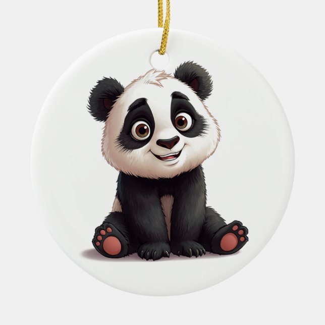 Sitting Panda Bear Cartoon Illustration Artwork Ceramic Ornament (Front)