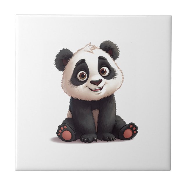 Sitting Panda Bear Cartoon Illustration Artwork Ceramic Tile (Front)