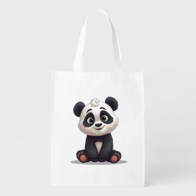 Sitting Panda Bear Cartoon Illustration Artwork Grocery Bag (Front)