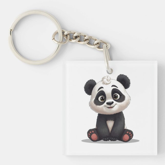 Sitting Panda Bear Cartoon Illustration Artwork Keychain (Front)