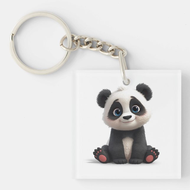 Sitting Panda Bear Cartoon Illustration Artwork Keychain (Front)
