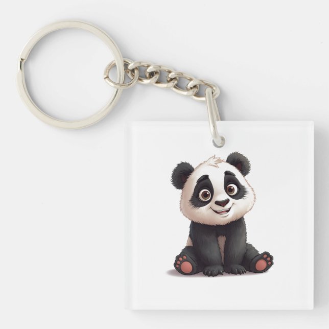 Sitting Panda Bear Cartoon Illustration Artwork Keychain (Front)