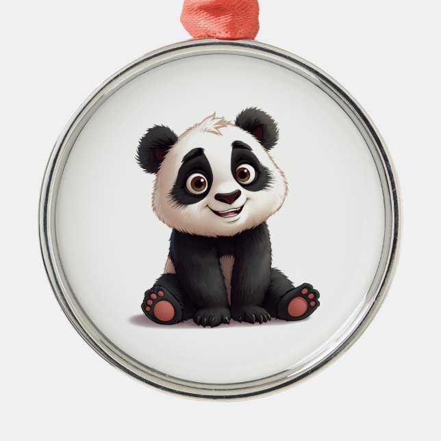 Sitting Panda Bear Cartoon Illustration Artwork Metal Ornament (Front)