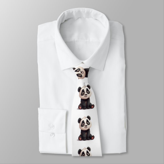 Sitting Panda Bear Cartoon Illustration Artwork Neck Tie (Tied)