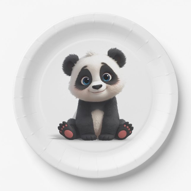 Sitting Panda Bear Cartoon Illustration Artwork Paper Plates (Front)