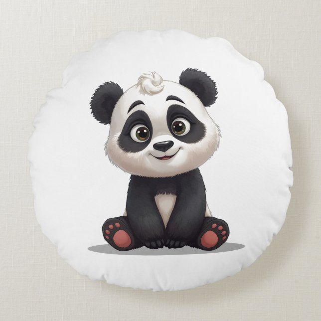 Sitting Panda Bear Cartoon Illustration Artwork Round Pillow (Front)