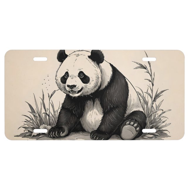 sitting panda bear drawing license plate (Front)