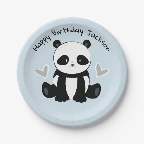 Sitting Panda with Hearts Blue Party Plate