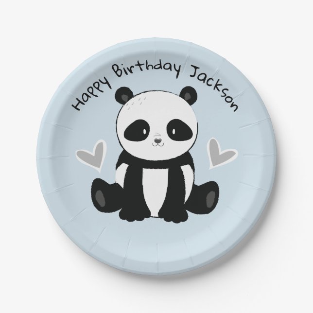 Sitting Panda with Hearts Blue Party Plate (Front)