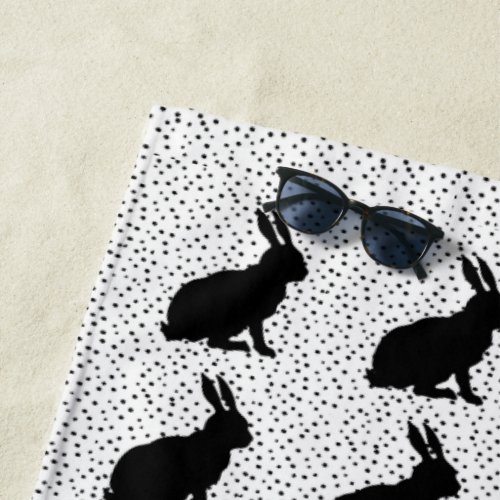 Sitting Rabbits in Black Silhouette Polka Dots Beach Towel