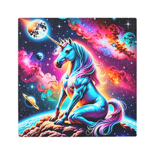 Sitting Space Unicorn Metal Print
