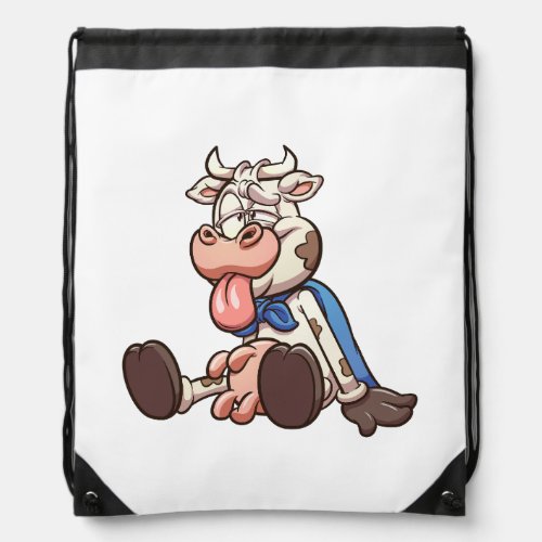 sitting super cow with tired face drawstring bag