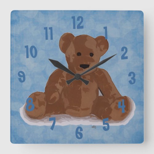 Sitting Teddy Bear blue background Square Wall Clock