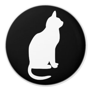 Sitting White Cat Facing Right Ceramic Knob