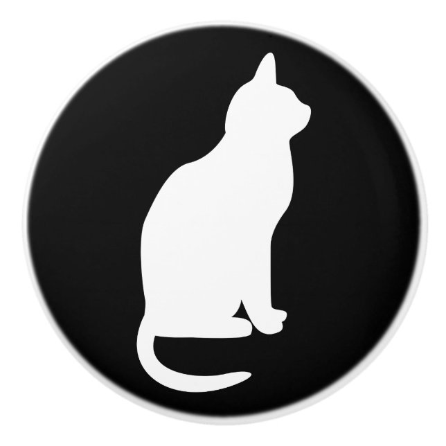 Sitting White Cat Facing Right Ceramic Knob (Front)
