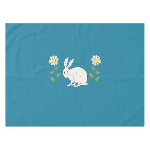 Sitting White Rabbit  Between Daisies on Dark blue Tablecloth