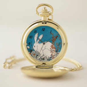 Sitting White Rabbit in Orange White Flowers Blue Pocket Watch