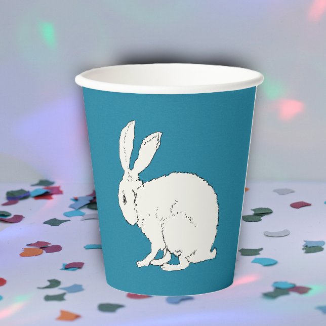 Sitting White Rabbit simple Illustration on blue Paper Cups (Minimalist illustration of sitting white rabbit on dark blue party drinking paper cups.)