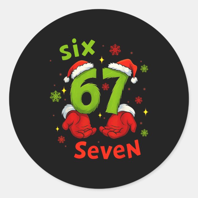Six 6 7 Seven Christmas Humor Green Hand Festive G Classic Round Sticker (Front)