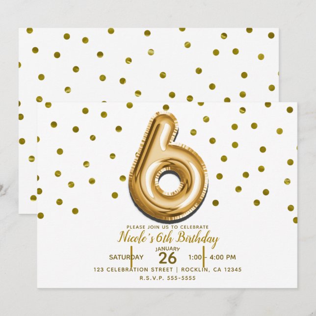 SIX 6 Gold Balloon & Confetti 6th Birthday Party Invitation (Front/Back)