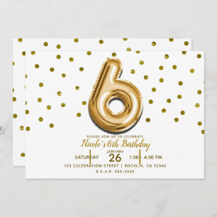 SIX 6 Gold Balloon & Confetti 6th Birthday Party Invitation