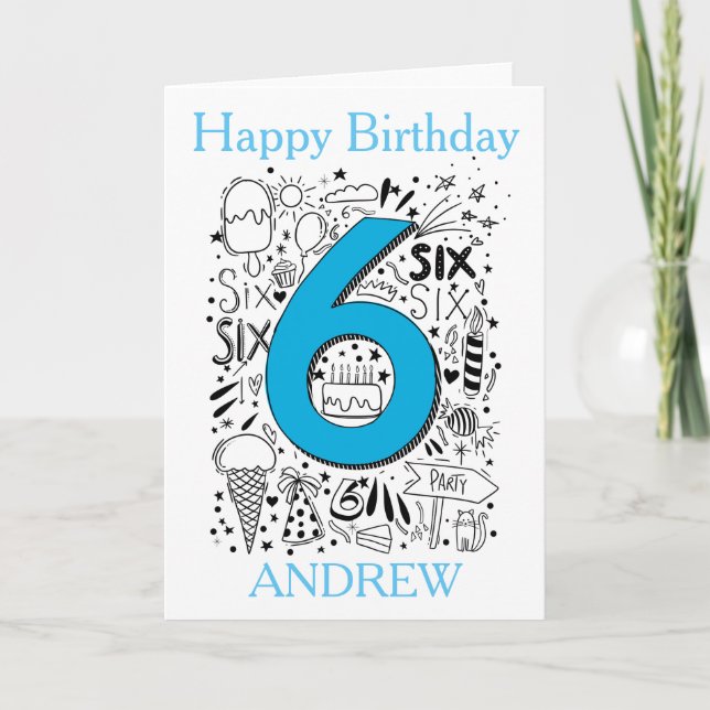 Six age 6th Blue  birthday card (Front)