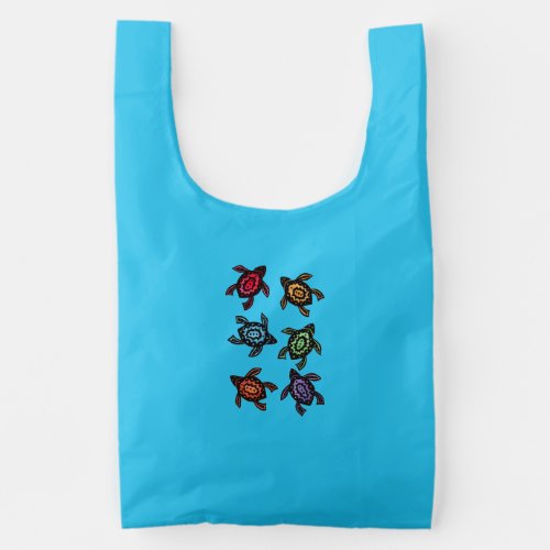 Six Black Turtles Various Brightly Colored Shells Reusable Bag