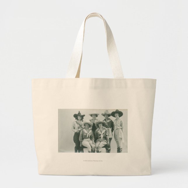 Six cowgirls in hats and sashes. large tote bag (Front)