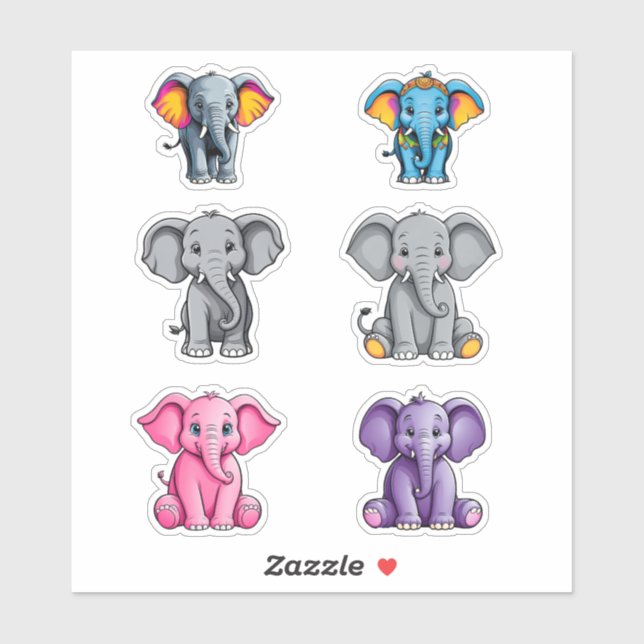 Six Cute Baby Elephants Sticker (Sheet)