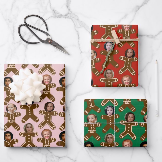 Six Face Gingerbread People Holiday Wrapping Paper Sheets (Front)