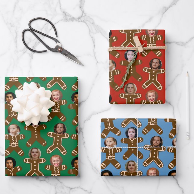 Six Face Gingerbread People Holiday Wrapping Paper Sheets (Front)