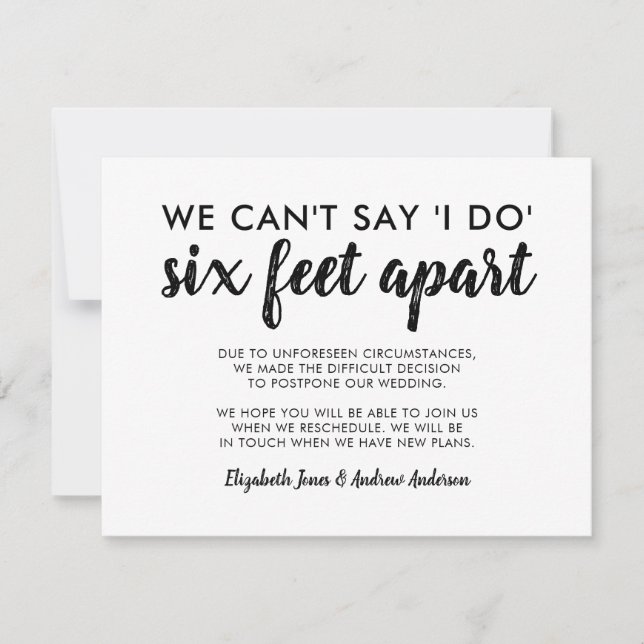 Six Feet Apart Change of Date Wedding Typography Announcement (Front)