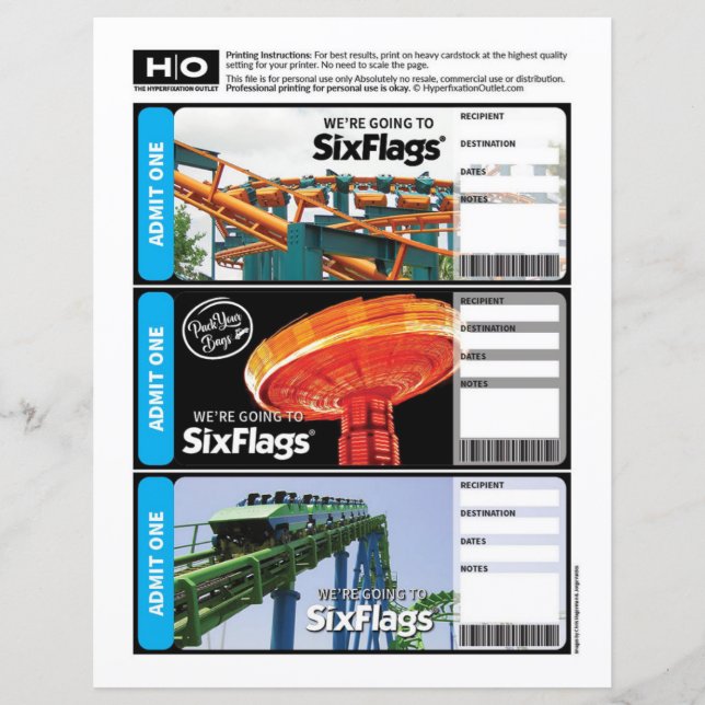 Six Flags Mock Ticket for Travel and Events (Front)