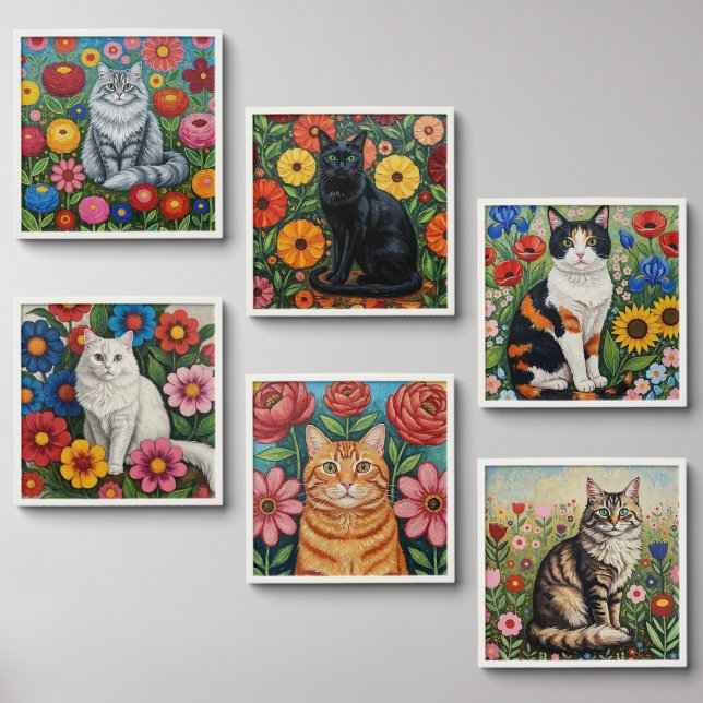 Six Folk Art Cats and Flowers Colorful Peel And Stick Photo Tile (Front Set)