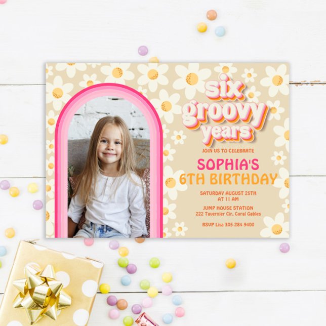 Six Groovy Retro Daisy Photo Birthday Invitation – (Creator Uploaded)