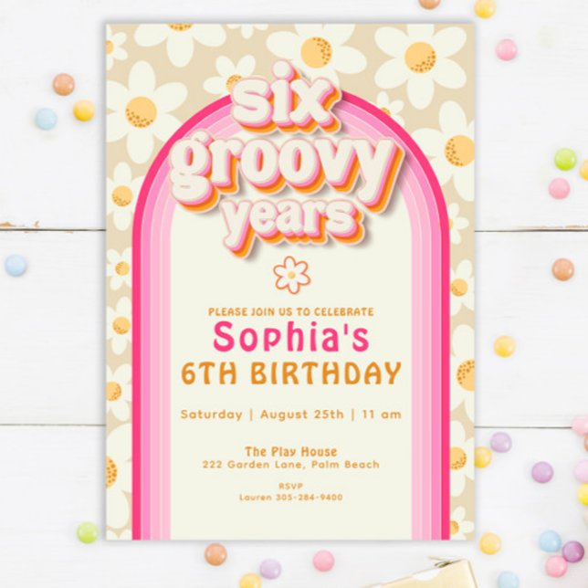 Six Groovy Years Daisy Rainbow Birthday Invitation (Creator Uploaded)
