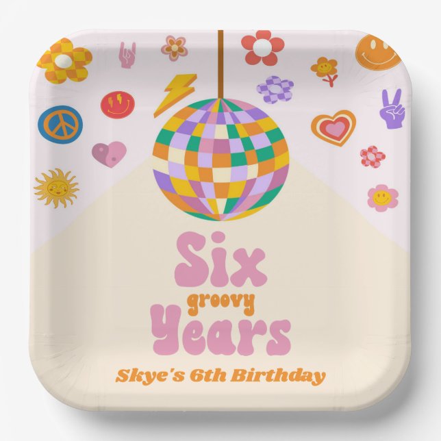 Six Groovy Years Disco Ball 6th Birthday Party Paper Plates (Front)