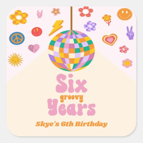 Six Groovy Years Disco Ball 6th Birthday Party Square Sticker