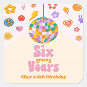 Six Groovy Years Disco Ball 6th Birthday Party Square Sticker