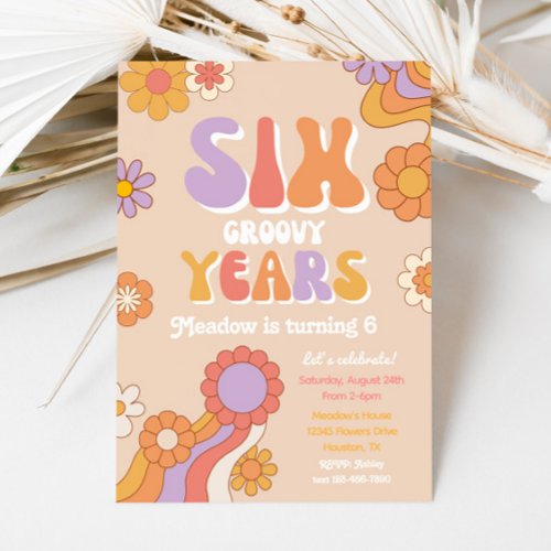 Six Groovy Years Invitation  6th Birthday Invite
