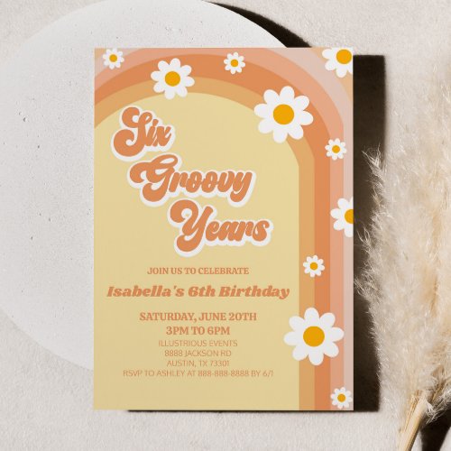 Six Groovy Years Retro Daisy 6th Birthday Party Invitation