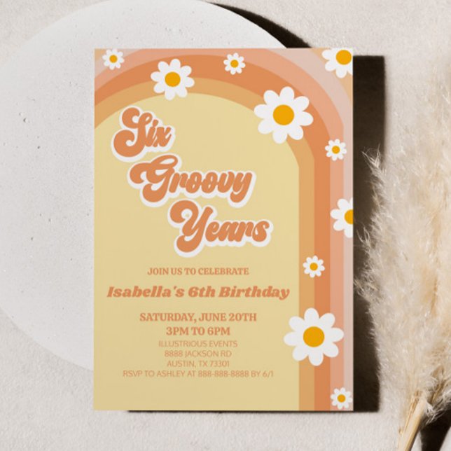 Six Groovy Years Retro Daisy 6th Birthday Party Invitation (Creator Uploaded)