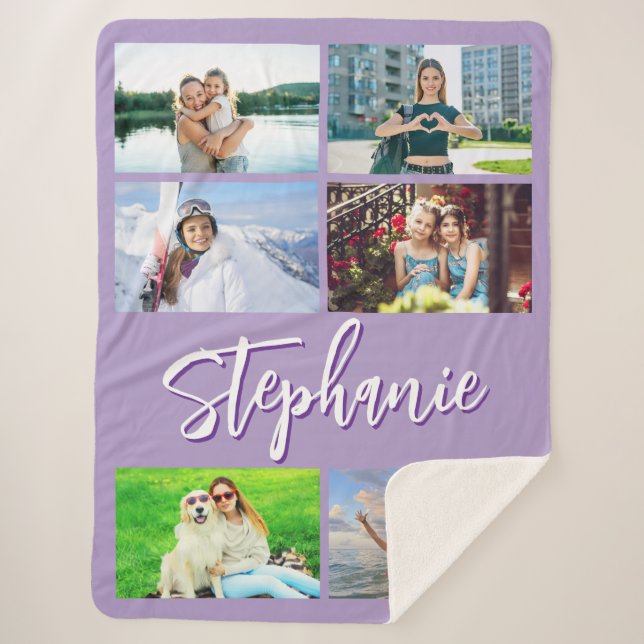 Six Horizontal Photo Collage Personalized Purple Sherpa Blanket (Front)