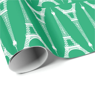 Six Inch White Eiffel Towers on Shamrock Green Wrapping Paper