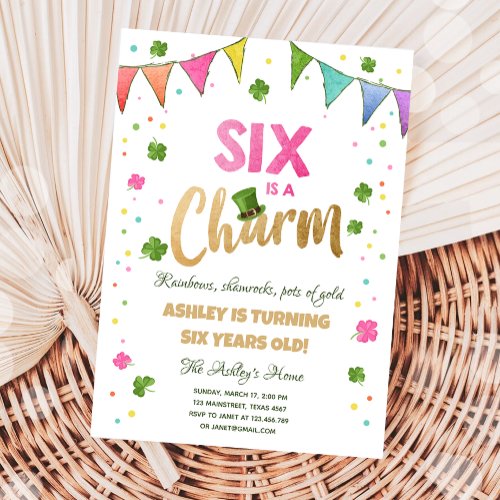 Six is a Charm St Patricks Day Girl Birthday Invitation